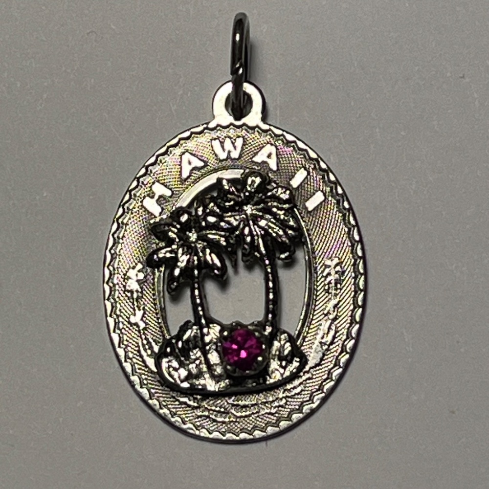 HAWAII Silver Palm Trees with Ruby Birthstone Vintage Pendant Charm by Crea Ster - Picture 2 of 5
